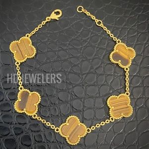 Vintage 5 Tiger’s Eye Motif Clover Gold Four Leaf Flower High Quality Bracelet